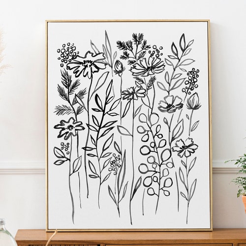 Black and White Flower Line Art Print Wildflowers Room Decor Etsy