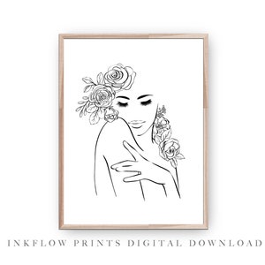 Black and White Fashion Woman Flower Line Art, DIGITAL DOWNLOAD, Female Figure Floral Teen Decor, Modern Printable Wall Art, Beauty Drawing