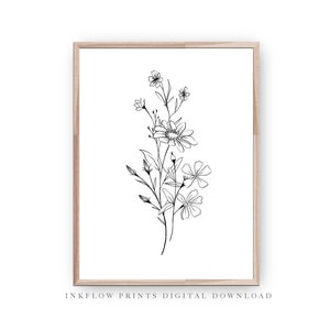 Illustration botanique noir et blanc, TÉLÉCHARGEMENT NUMÉRIQUE, Décoration florale de la salle, Art mural imprimable moderne, Fleurs sauvages, Fleurs, Dessin au trait