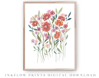May include: A digital print of a floral bouquet with red, pink, and white flowers. The flowers are painted in a watercolor style and are arranged in a loose, organic way. The background is white.