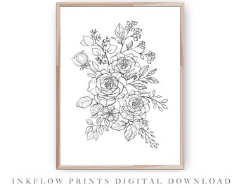 Black and White Botanical Illustration, DIGITAL DOWNLOAD, Floral Bouquet Decor, Modern Printable Wall Art, Wildflowers, Flowers Line Drawing