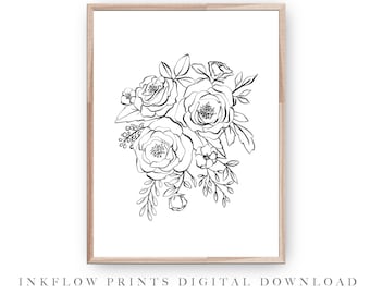 Black and White Minimal Flower Line Drawing, DIGITAL DOWNLOAD, Floral Leaves Bouquet, Modern Printable Wall Art, Wildflower Illustration