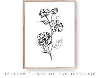 Black and White Minimal Flower Line Drawing, DIGITAL DOWNLOAD, Floral Room Decor, Modern Printable Wall Art, Simple Stem Line Art, Botanical