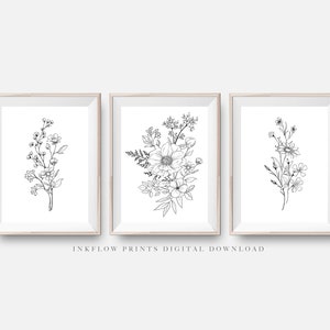3 Piece Black White Flower Wall Art, DIGITAL DOWNLOAD,  Wildflowers, Floral Botanical Room Decor, Modern Printable Poster, Line art Bouquet
