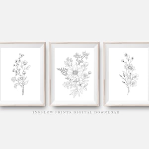 3 pièces Black White Flower Wall Art, TÉLÉCHARGEMENT NUMÉRIQUE, Fleurs sauvages, Décoration florale de la salle botanique, Affiche imprimable moderne, Bouquet de dessin au trait