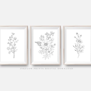 3 Piece Black White Flower Wall Art, DIGITAL DOWNLOAD,  Wildflowers, Floral Botanical Room Decor, Modern Printable Poster, Line art Bouquet