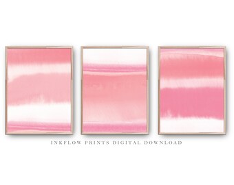 3 Stück Abstrakte Rosa Aquarell Wandkunst, DIGITALER DOWNLOAD, Minimalistisches Modernes druckbares Wandbild, Pink Weiß Aquarell