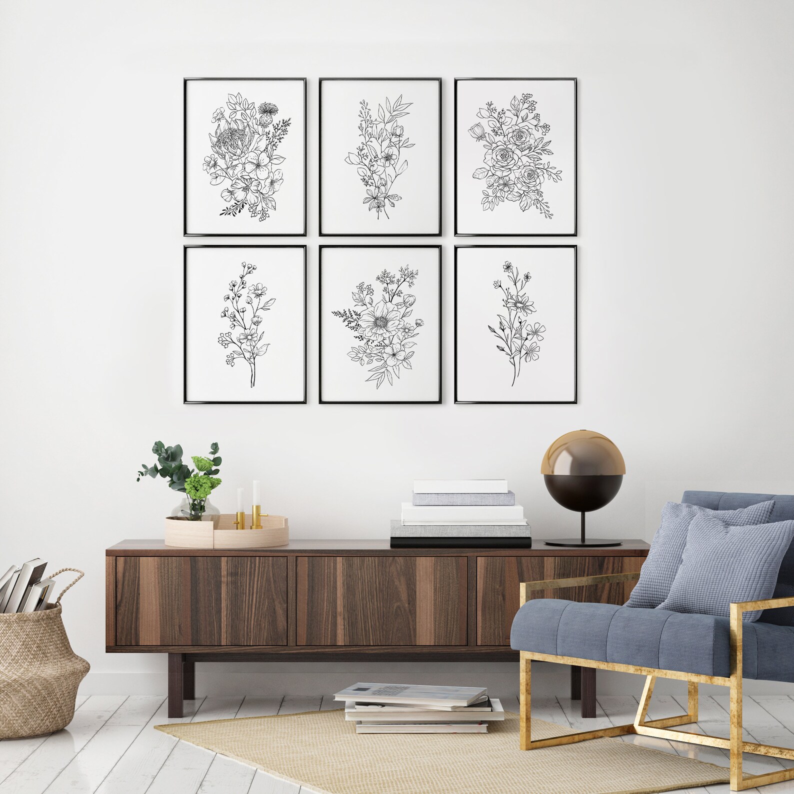 Set of 6 Black White Flower Wall Art Print, PRINTED AND SHIPPED, Line