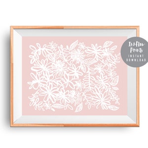 Illustration de fleurs et de feuilles Impression d’art, TÉLÉCHARGEMENT NUMÉRIQUE, Décoration de chambre, Art mural moderne, Impression téléchargeable, Dessin de feuille rose blanche