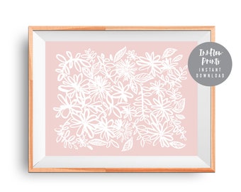 Flower and Leaf Illustration Art Print, DIGITAL DOWNLOAD, Room Decor, Modern wall Art, Downloadable Print, White Pink Leaf drawing