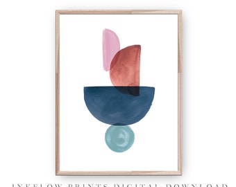Abstract Downloadable Art Print, DIGITAL DOWNLOAD, Minimalist Mid Century Wall Art, Boho Decor, Muted Colors, Teal Blue Pink Navy Printable