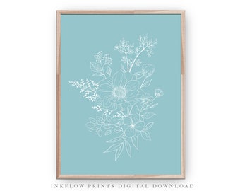 Light Blue Botanical Illustration, DIGITAL DOWNLOAD, Floral Minimal Art, Modern Printable Wall Art, Wildflowers, Flowers, White Line Drawing