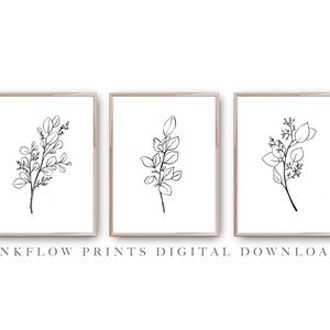 3 Set Black White Leaf Wall Art, DIGITAL DOWNLOAD, 3 Piece Leaves Botanical Room Decor, Modern Printable Poster, Minimal Simple Line art