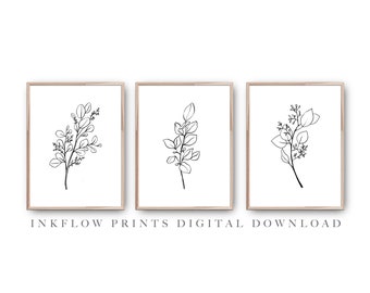 3 Set Black White Leaf Wall Art, DIGITAL DOWNLOAD, 3 Piece Leaves Botanical Room Decor, Modern Printable Poster, Minimal Simple Line art
