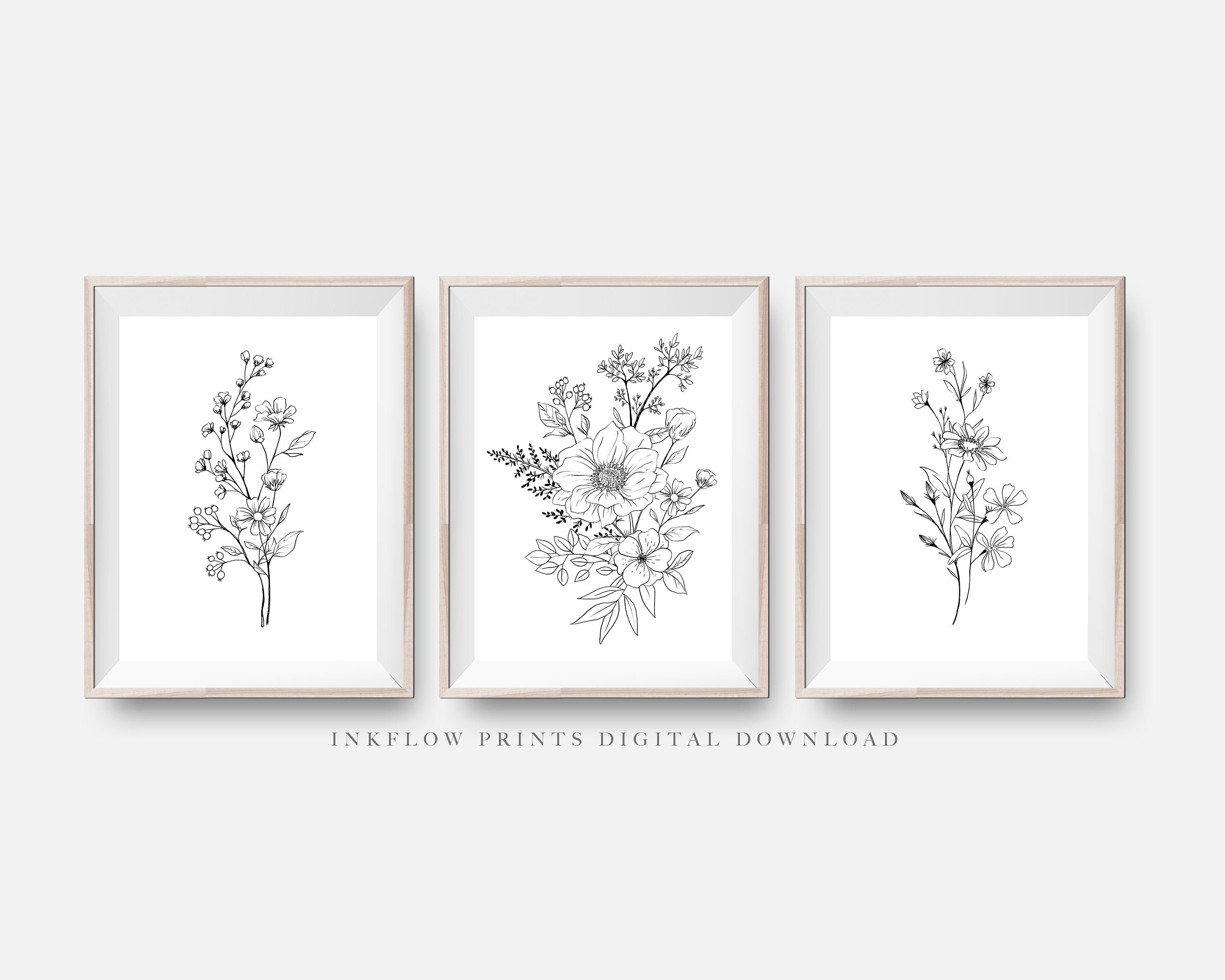 3 Piece Black White Flower Wall Art DIGITAL DOWNLOAD | Etsy