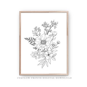 Schwarz weiß Botanische Illustration, DIGITALER DOWNLOAD, Florale Raumdeko, moderne druckbare Wandkunst, Wildblumen, Blumen, Linienzeichnung