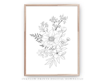 Black and White Botanical Illustration, DIGITAL DOWNLOAD, Floral Room Decor, Modern Printable Wall Art, Wildflowers, Flowers, Line Drawing