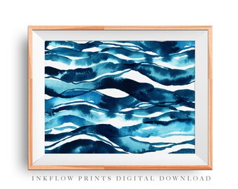 Blue Aqua Waves Downloadable Art Print, DIGITAL DOWNLOAD, Abstract Modern Wall Art, Navy Blue Turquoise water, Teal Watercolor Printable