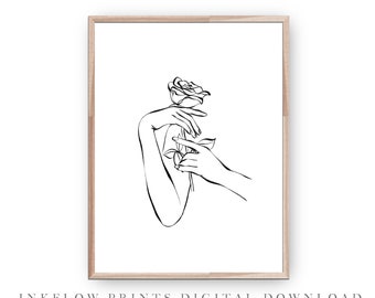 Black White Minimal Fashion Line Drawing, DIGITAL DOWNLOAD, Female Hand Holding Rose, Modern Printable Wall Art, Woman Flower Illustration