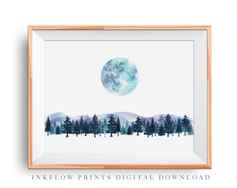 Moon Forest Landscape Downloadable Art Print, DIGITAL DOWNLOAD, Printable Room Decor, Modern Nature Landscape Wall Art,  Watercolor Trees