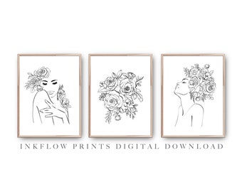 Set of 3 Fashion Women Flower Line Drawing, DIGITAL DOWNLOAD, Female Floral Beauty, Modern Printable Wall Art Teen Room, Woman Black White