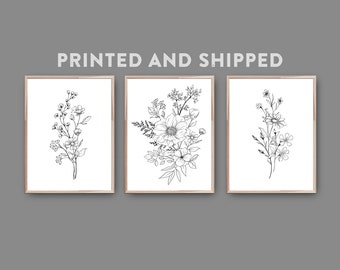 3 Piece Black White Flower Wall Art Print, PRINTED AND SHIPPED, Line Art Modern Botanical Decor, Wildflowers Sketch, Floral Bouquet