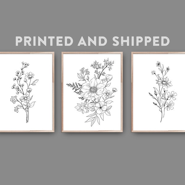 3 Piece Black White Flower Wall Art Print, PRINTED AND SHIPPED, Line Art Modern Botanical Decor, Wildflowers Sketch, Floral Bouquet