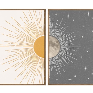 PRINTED Sun Moon Stars Boho Wall Art Print 12x16 inches Set of 2, Celestial Posters, Minimalist Mid Century Modern Wall Decor, Grey Yellow