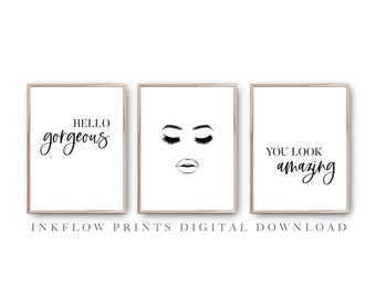3 Set Minimalist Beauty Wall Art Print, DIGITAL DOWNLOAD, Black White Female Face Hello Gorgeous Lashes Lips, Teen Decor, Bedroom Printable