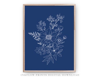 Navy Blue Botanical Illustration, DIGITAL DOWNLOAD, Floral Minimal Art, Modern Printable Wall Art, Wildflowers, Flowers, White Line Drawing