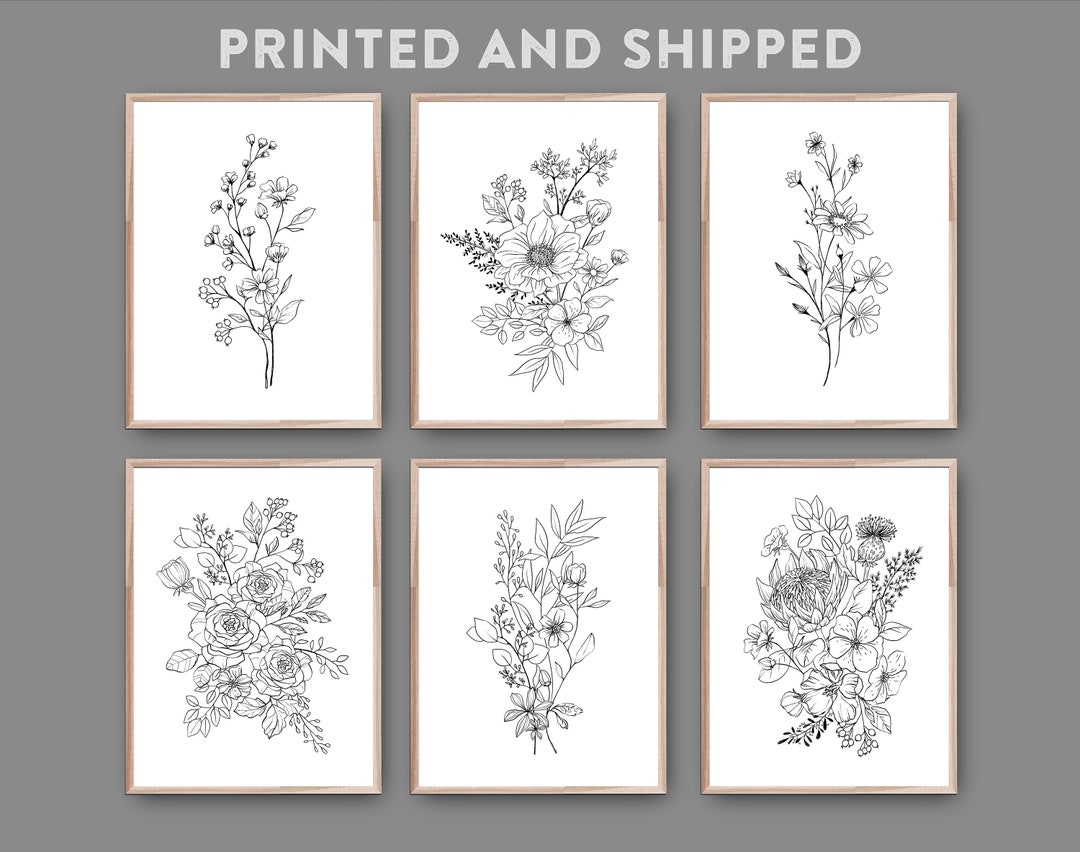Set of 6 Black White Flower Wall Art Print, PRINTED AND SHIPPED, Line