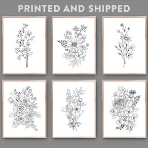 Set of 6 Black White Flower Wall Art Print, PRINTED AND SHIPPED, Line Art Modern Botanical Wall Decor, Wildflowers Sketch, Floral Bouquet