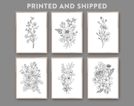Set of 6 Black White Flower Wall Art Print PRINTED AND - Etsy