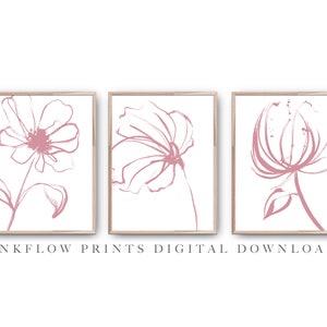 3 Piece Wall Art Pink Wildflowers Downloadable Print, DIGITAL DOWNLOAD, Modern Flower Set of 3, Minimal Botanical Floral Printable Drawing