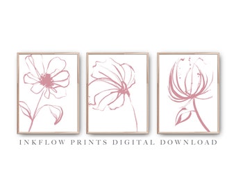 3 Piece Wall Art Pink Wildflowers Downloadable Print, DIGITAL DOWNLOAD, Modern Flower Set of 3, Minimal Botanical Floral Printable Drawing