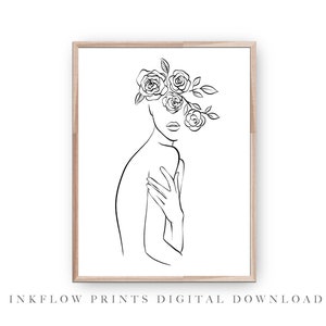 Black and White Minimal Fashion Line Drawing, DIGITAL DOWNLOAD, Female Figure Floral, Modern Printable Wall Art, Woman Flower Illustration
