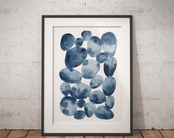 Abstract Blue Watercolor Art Print, DIGITAL DOWNLOAD, Minimal Modern Wall Art, Watercolor illustration, Blue Navy circles, printable art