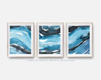 3 Piece Abstract Blue Watercolor Wall Art, DIGITAL DOWNLOAD, Minimalist Room Decor, Minimal Modern Printable Wall Art, Blue Waves Watercolor