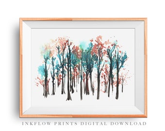 Watercolor Trees Downloadable Art Print, DIGITAL DOWNLOAD, Room Decor, Modern wall Art, Abstract Forest, Nature Fall Landscape Printable,
