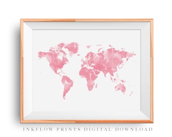 Pink World Map Wall Art Print, DIGITAL DOWNLOAD, Blush Pink Watercolor Living Room Decor, Modern Minimalist Printable Girls Bedroom Poster