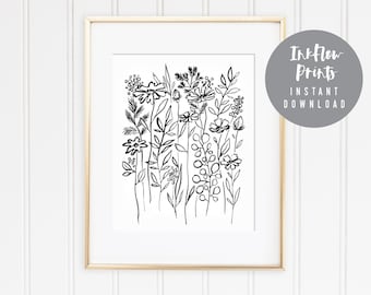 Black and White Watercolor Flowers Art Print, DIGITAL DOWNLOAD, Room Decor, Modern Wall Art, Black and White decor, Minimal wall print