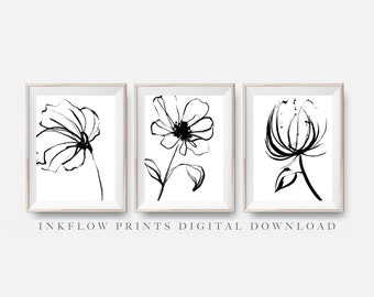 3 Stück Wandkunst Blumen Download, DIGITALER DOWNLOAD, Schwarz Weiß Moderne Floral Minimal Botanische Zeichnung Wildblumen Kunst druckbar