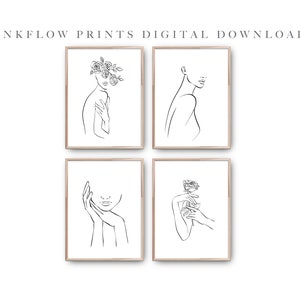 4 Set Minimalist Woman Flower Line Art, DIGITAL DOWNLOAD, Black White Fashion Female Figure, Teen Decor, Bedroom Printable Wall Art, Beauty