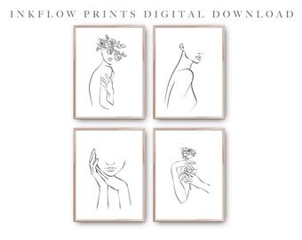 4 Set Minimalist Woman Flower Line Art, DIGITAL DOWNLOAD, Black White Fashion Female Figure, Teen Decor, Bedroom Printable Wall Art, Beauty