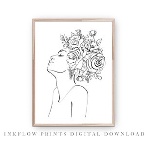 Black and White Fashion Flower Illustration, DIGITAL DOWNLOAD, Female Figure Floral Decor, Modern Printable Wall Art, Line Drawing Bouquet
