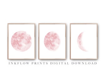 3 Stück Rosa Mondphasen Wandkunst, DIGITALER DOWNLOAD, blush pink Raumdekor, modernes minimalistisches druckbares Poster