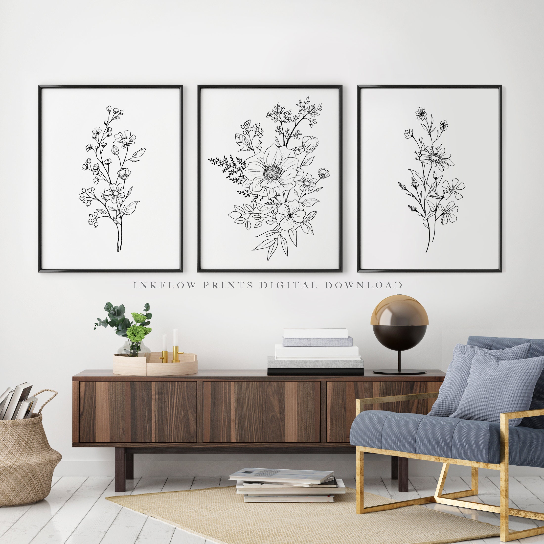 3 Piece Black White Flower Wall Art DIGITAL DOWNLOAD Etsy