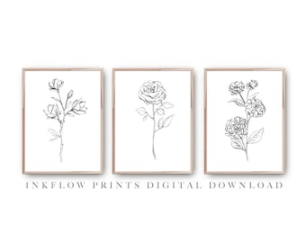 3 Set Black White Flower Wall Art, DIGITAL DOWNLOAD, 3 Piece Floral Botanical Room Decor, Modern Printable Poster, Minimal Simple Line art