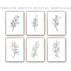 6 Piece Wall Art Botanical Illustration, DIGITAL DOWNLOAD, Black White Room Decor, Modern Printable Wall Art, Wildflowers, Floral Bouquet