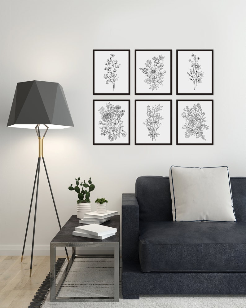 Set of 6 Black White Flower Wall Art Print PRINTED AND Etsy